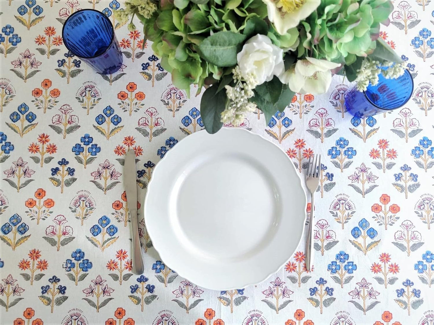 ATOSII Flora Bloom 100% Cotton Square Boho Fall Tablecloth, Handblock Floral Table Cloth Linen for Kitchen Dining I Parties Wedding Outdoors Christmas Thanksgiving I Fall Home Decor 60 X 60 Inches