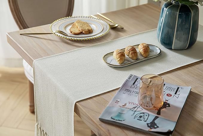 ZeeMart Cream Table Runners 72 Inches Long, Burlap Linen Style Rustic Farmhouse Table Runner, Boho Woven Dining Table Runner, 13x72 Inches, Cream