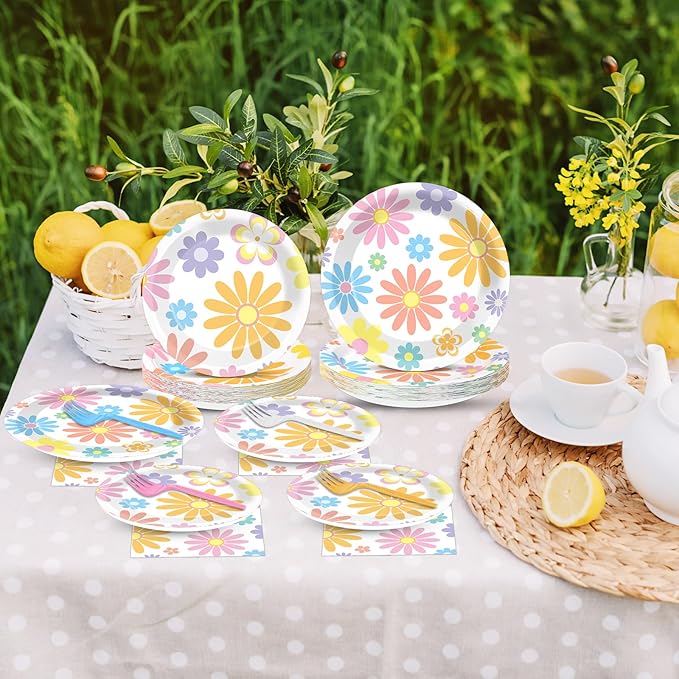 96PCS Boho Pastel Party Paper Plates and Napkins for Groovy Daisy Retro Boho Party Dessert Cake Plates Disposable Tableware Supplies for Baby Shower Birthday Wedding Seasonal Holiday Decorations