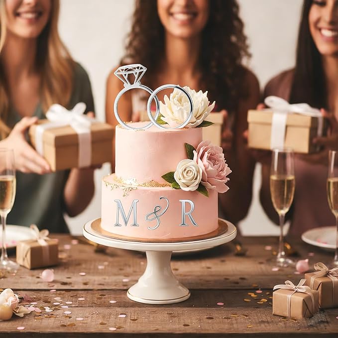 28 Pcs Silver Acrylic Wedding Cake Topper Personalized Diamond Ring and Alphabet A-Z Cake Picks for Marriage Engagement Anniversary Valentines Party Decorations Supplies