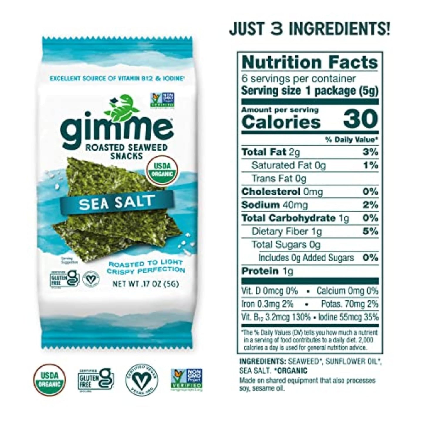 Gimme Seaweed - Sea Salt - 6 Count - Organic Roasted Seaweed Sheets - Keto, Vegan, Gluten Free - Great Source of Iodine & Omega 3’s - Healthy On-The-Go Snack for Kids Adults (Pack of 2)
