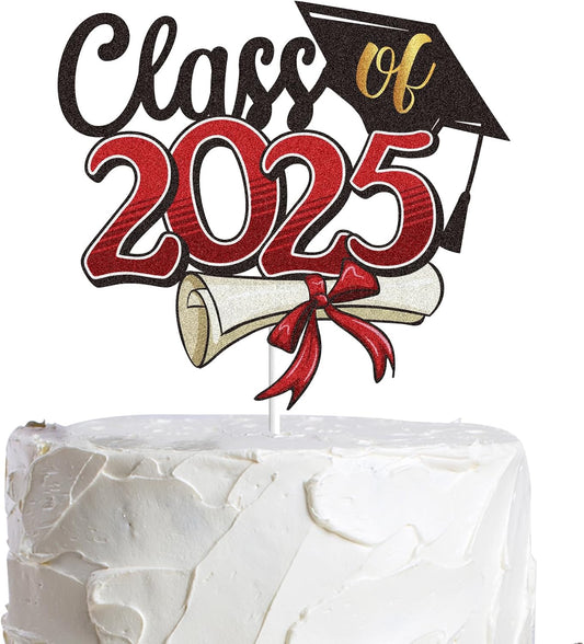 LINGBOOM Class of 2025 Happy Graduation Cake Topper Red Glitter Grad 2025 Happy Graduation We are So Proud of You Cake Decorations Congrats Grad Party Supplies (Red)