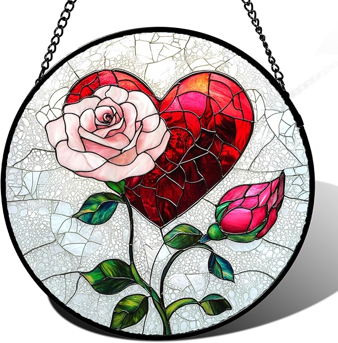 Stained Glass Window Hanging Red Heart Pink Rose Flower Large 15" - Suncatcher Door Garden Sun Catcher Decor Birthday Anniversary Valentines Day Gifts for Woman Wife Men Her Him Lovers Mom