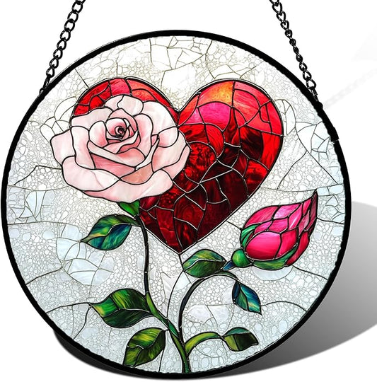 Stained Glass Window Hanging Red Heart Pink Rose Flower Large 15" - Suncatcher Door Garden Sun Catcher Decor Birthday Anniversary Valentines Day Gifts for Woman Wife Men Her Him Lovers Mom