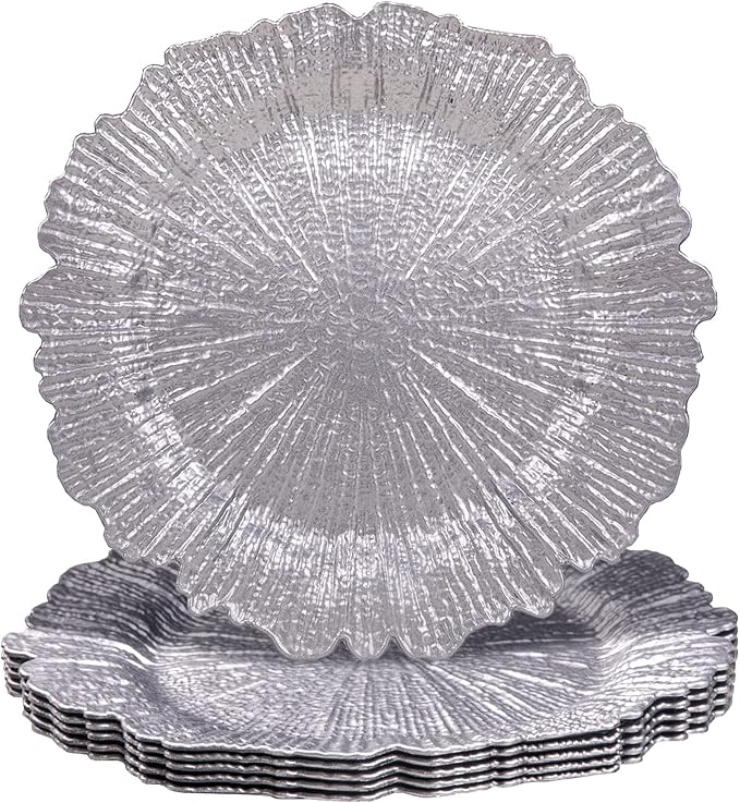 MAONAME Round 13" Silver Charger Plates, Reef Plate Chargers Set of 6, Plastic Table Chargers for Dinner Plates, Wedding, Thanksgiving, Christmas
