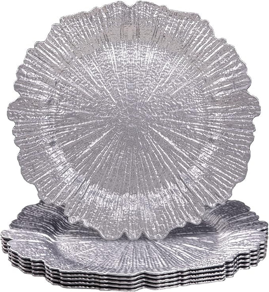 MAONAME Round 13" Silver Charger Plates, Reef Plate Chargers Set of 6, Plastic Table Chargers for Dinner Plates, Wedding, Thanksgiving, Christmas