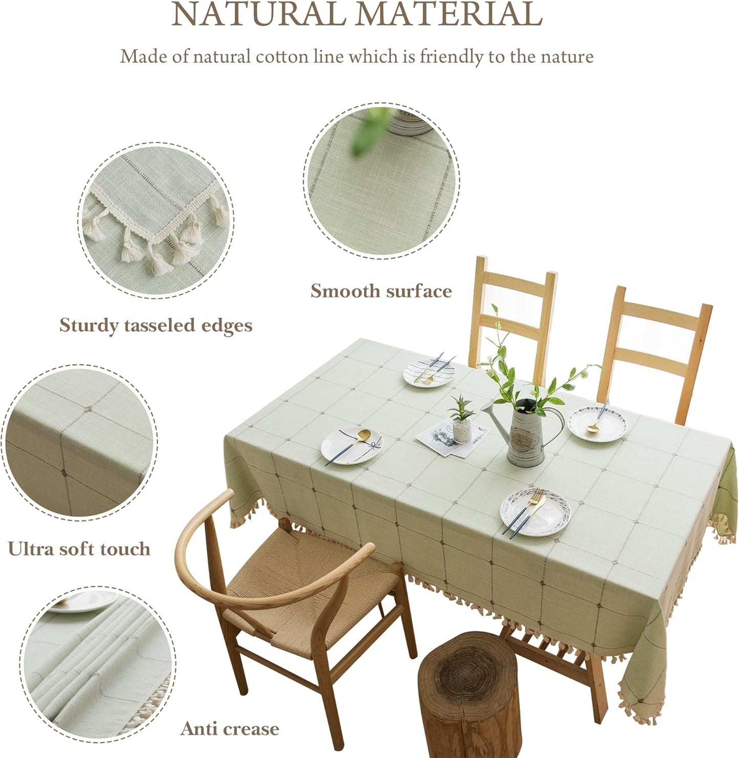 Pahajim Rustic Linen Tablecloth Cotton Rectangle Table Cloth for Kitchen Dining with Tassel Plaid Waterproof Tablecloths Rectangle/Oblong,55''x87'', 6-8 Seats