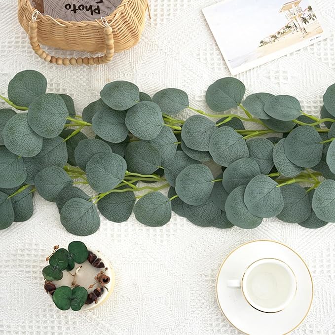 2 Pack Artificial Eucalyptus Garland, 6' Faux Silk Leaf Silver Dollar Eucalyptus Leaves Vines Handmade Garland Wedding Backdrop Arch Wall Decor, Green Garlands for Home Decor (A)