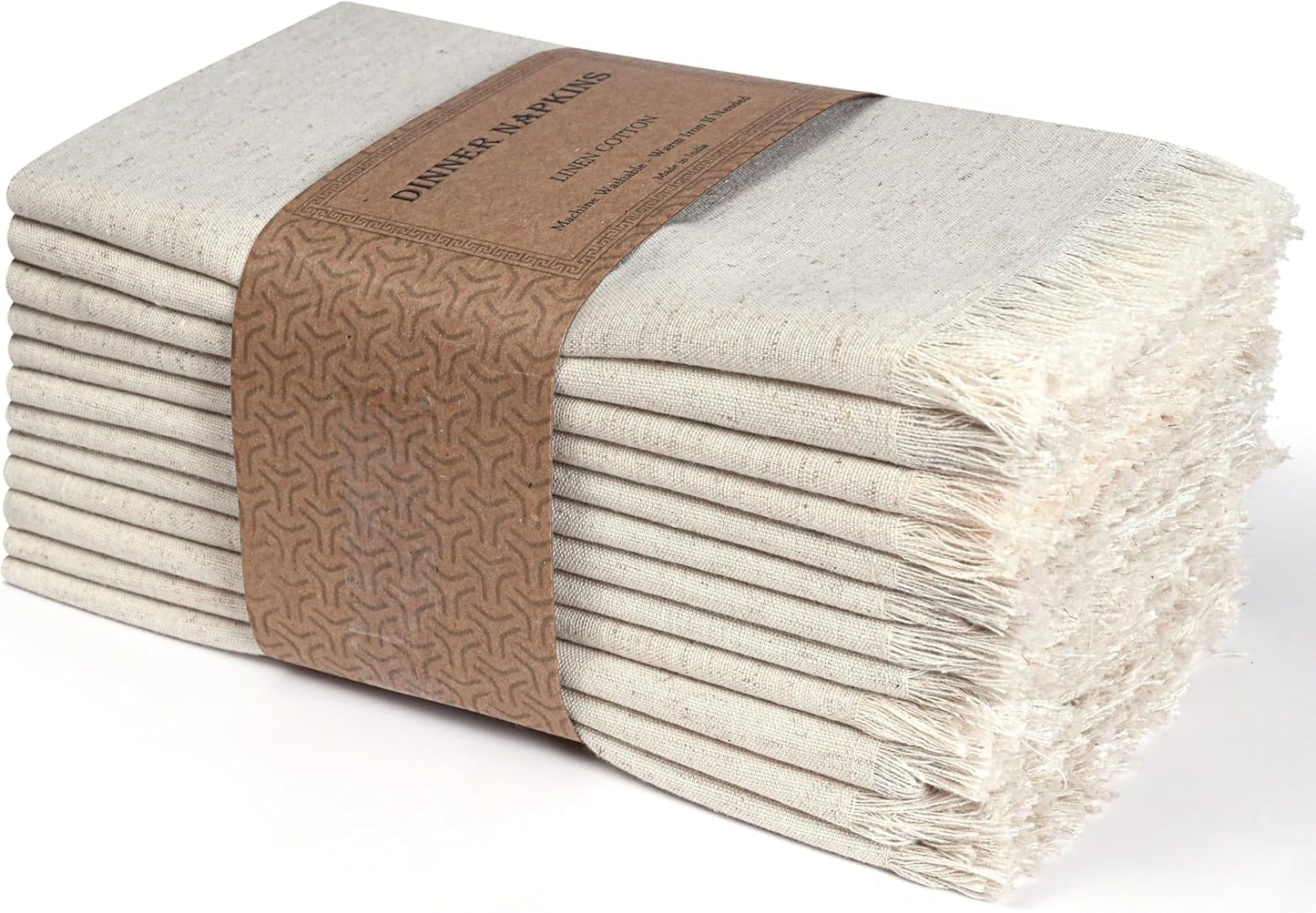 Bedding Craft Linen Cloth Dinner Napkins Set of 12 – 18x18 Natural with Fringed Corners – Machine Washable Fabric Napkins for Weddings, Baby Showers, Parties & Dining