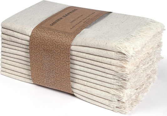 Bedding Craft Linen Cloth Dinner Napkins Set of 12 – 18x18 Natural with Fringed Corners – Machine Washable Fabric Napkins for Weddings, Baby Showers, Parties & Dining