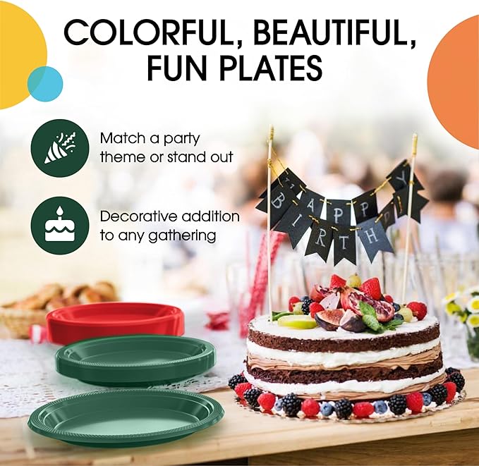 Party Solids Green & Red Plastic Plates For Party Supplies, Green & Red Disposable Plates 100 Pieces - 50-7" & 50-9" Heavy Duty 350 GSM Disposable Dinnerware Sets, Plastic Dinnerware Sets