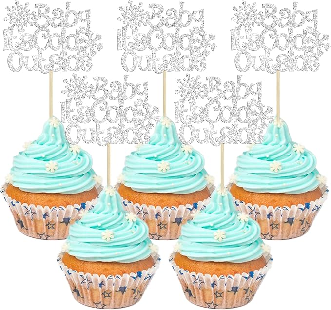 24Pcs Baby It's Cold Outside Snowflake Cupcake Toppers Glitter Winter Frozen Cupcake Picks for Winter Wonderland Baby Shower Birthday Party Cake Decorations Supplies Silver