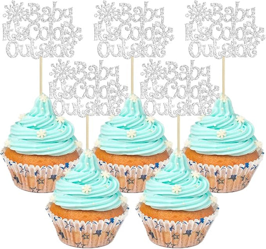 24Pcs Baby It's Cold Outside Snowflake Cupcake Toppers Glitter Winter Frozen Cupcake Picks for Winter Wonderland Baby Shower Birthday Party Cake Decorations Supplies Silver
