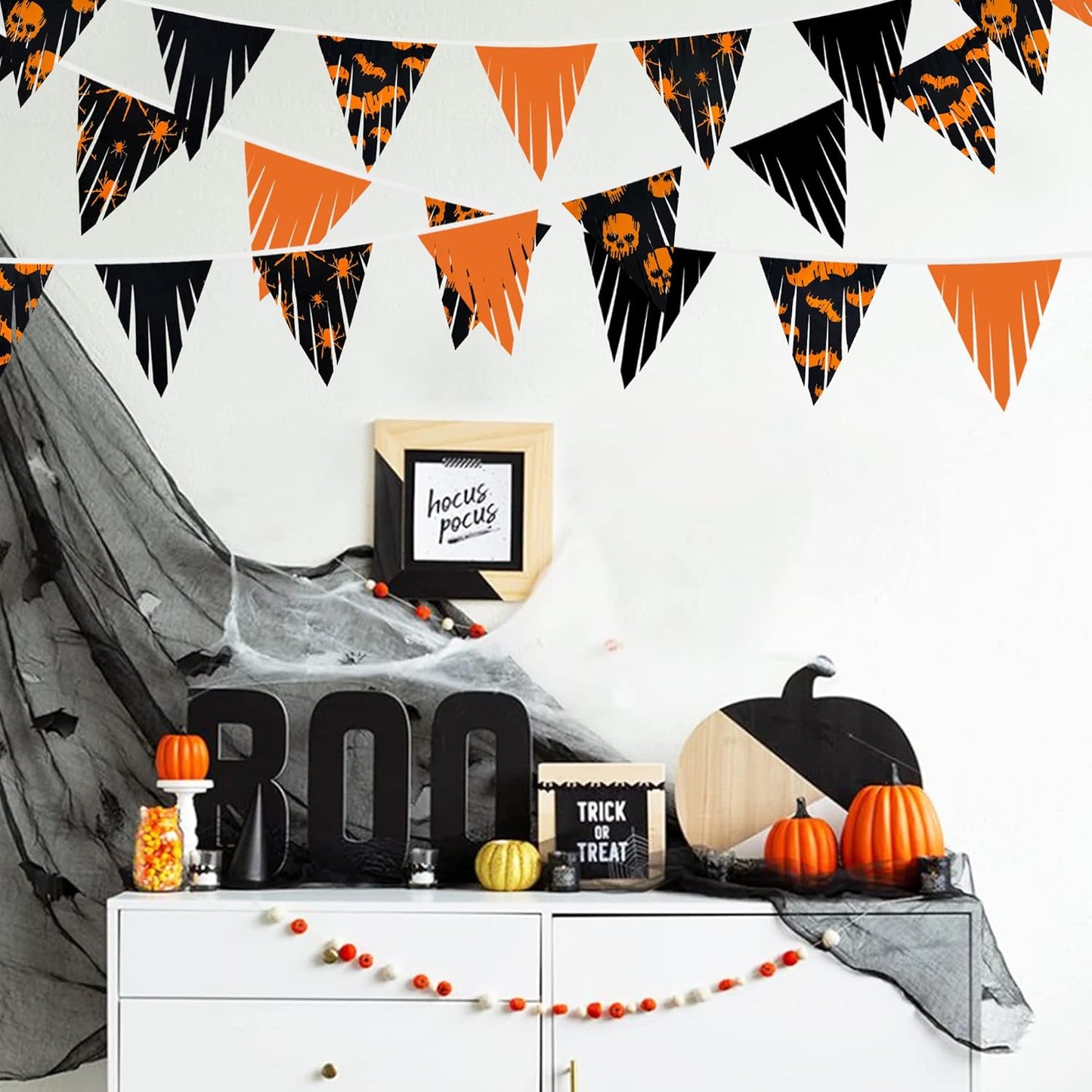 32Ft Orange Black Pennant Banner Spider Skull Bats Fabric Triangle Flag Bunting Garland Streamers Halloween Party Decoration for Halloween Birthday Thanksgiving Wedding Home Outdoor Party Supplies