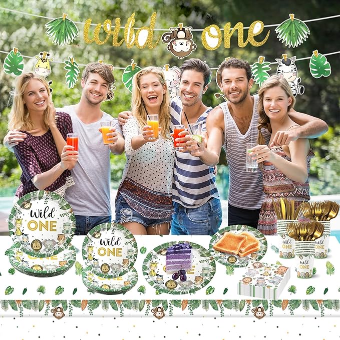 Wild One Birthday Decorations,182pcs Jungle Safari Theme Party Supplies,Includes Plates Napkins Cutlery Tablecloth and Banner,for Baby Shower or Boys 1st Birthday Party,Serve 30 Guests