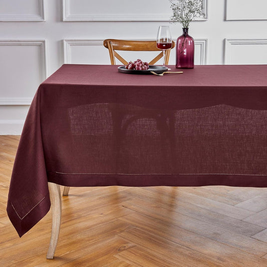 Solino Home Linen Burgundy Tablecloth 60 x 144 Inch - Classic Hemstitch, 100% Pure Linen Rectangular Tablecloth - Machine Washable Table Cloth for Christmas, Fall, Autumn, Thanksgiving