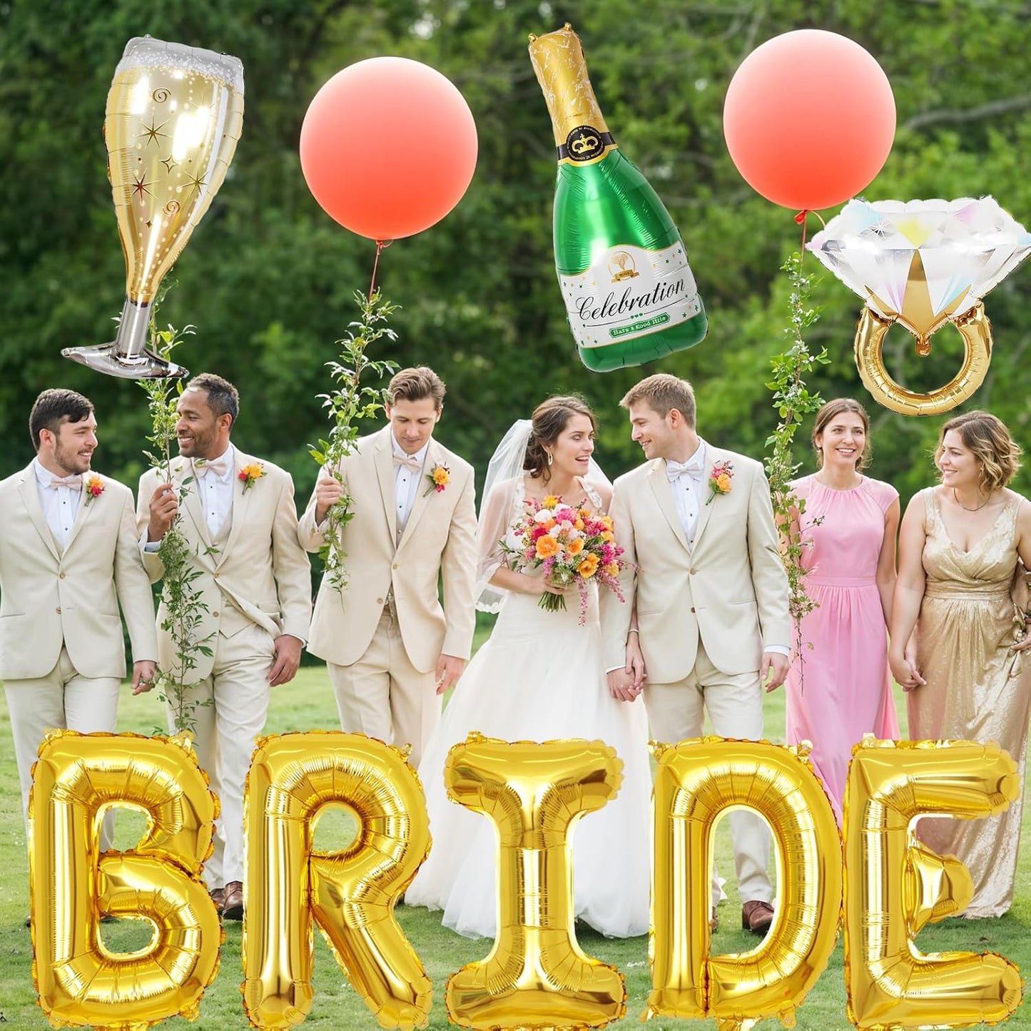 40inch Bride Balloons Gold Letters Banner, Bachelorette Party Decorations Set with Diamond Ring Champagne Bottle Balloon Glass Foil Balloon for Gold Bachelorette Engagement Wedding Bridal Shower Decor