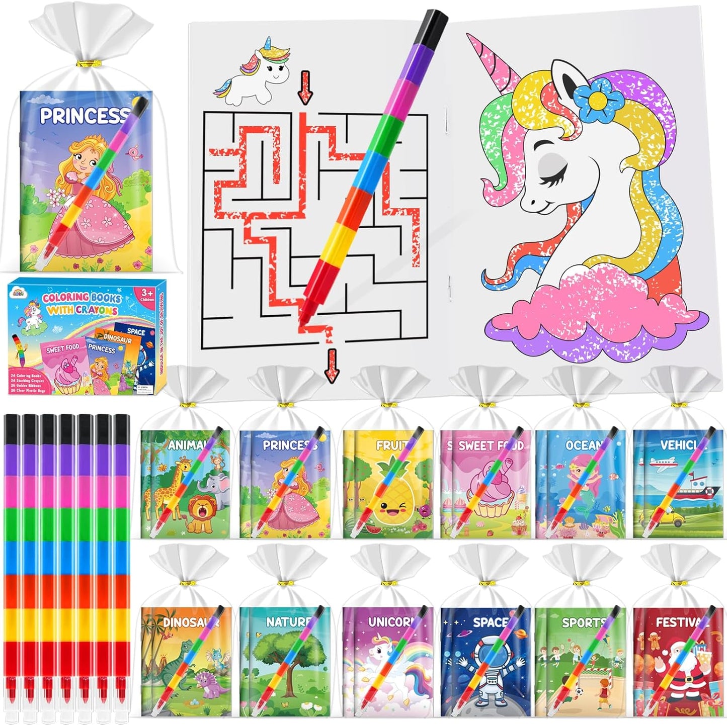 ZMLM 24 Coloring Books for Kids Party Favors: Bulk 24 Crayons Mini Coloring Books for Kids Ages 4-8 Birthday Goodie Bags Stuffers Toddlers Return Gifts Classroom Prizes Teacher Crafts (Classic)