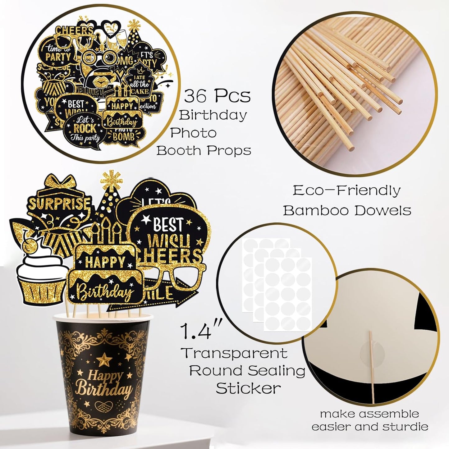 JOJO FLY 36 Pcs Birthday Photo Booth Props Kit, Black and Gold Party Favors, Happy Birthday Party Decorations, Photobooth Funny Cute Holiday Selfie Supplies