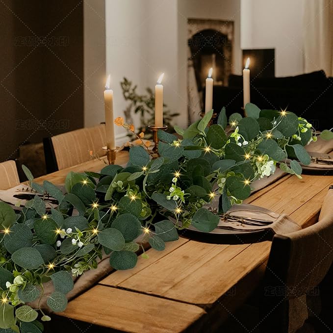 Eucalyptus Garland with Lights, 4 Packs 6FT Green Flower Garland Decor, Artificial Faux Eucalyptus Leaves Greenery Vines for Table Runner Wedding Centerpieces Backdrop Decorations (Warm Color)