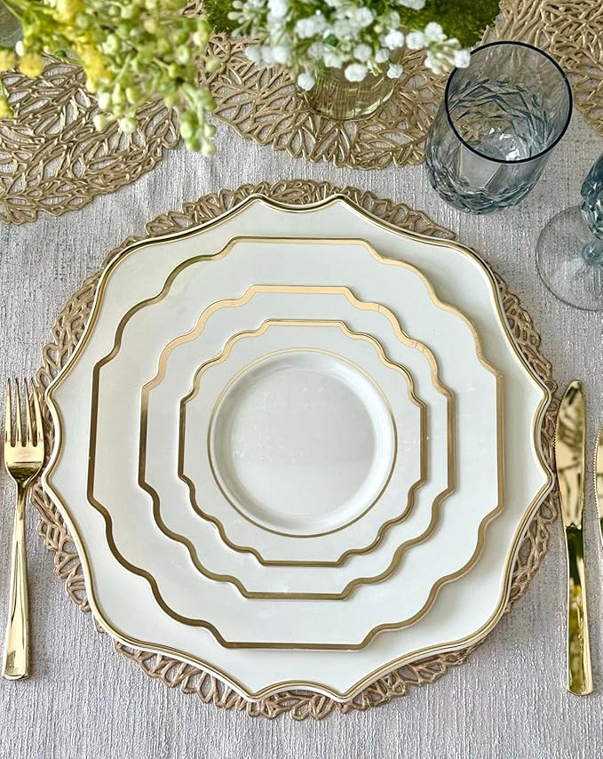 " OCCASIONS " 10 Pieces 13.25'' Scalloped Disposable/Reusable Plastic Charger Plates for Wedding, (Scalloped Imperial Ivory & Gold)