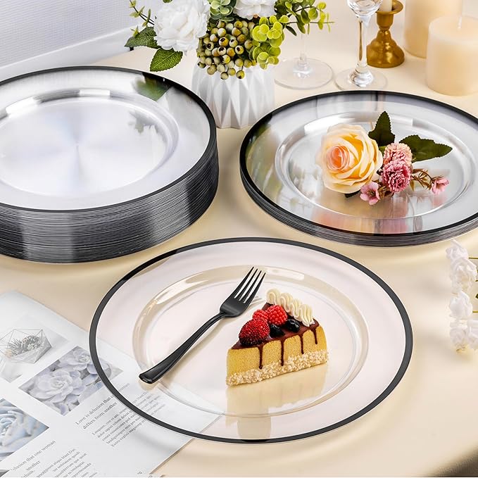 BESTSTAR 12 Inch Disposable Decor Charger Plates, 25 Pack Plastic Clear Plates with Gold Rim, Perfect Table Decor for Party, Wedding, Dinner