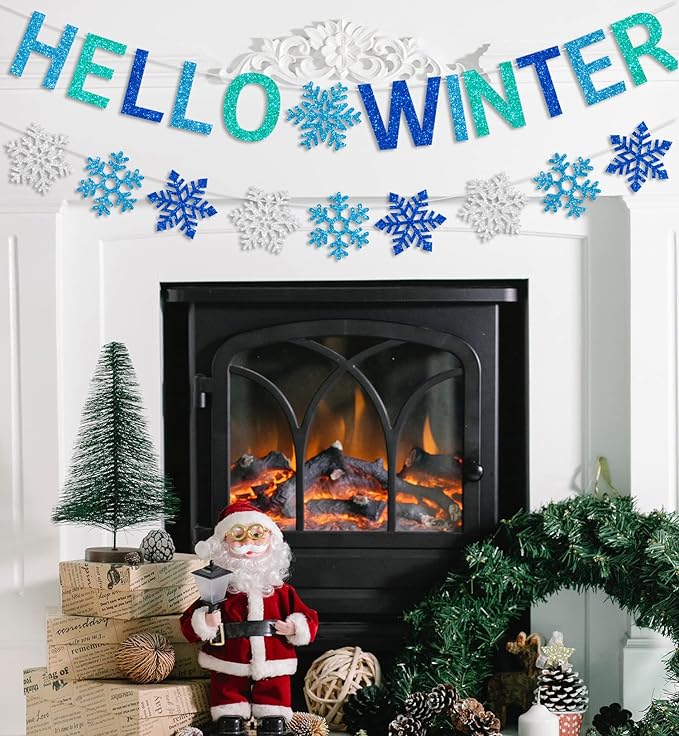 Glittery Hello Winter Banner White Blue Snowflake Banner Winter Wonderland Baby Shower Decorations Christmas Winter Holiday Party Decorations