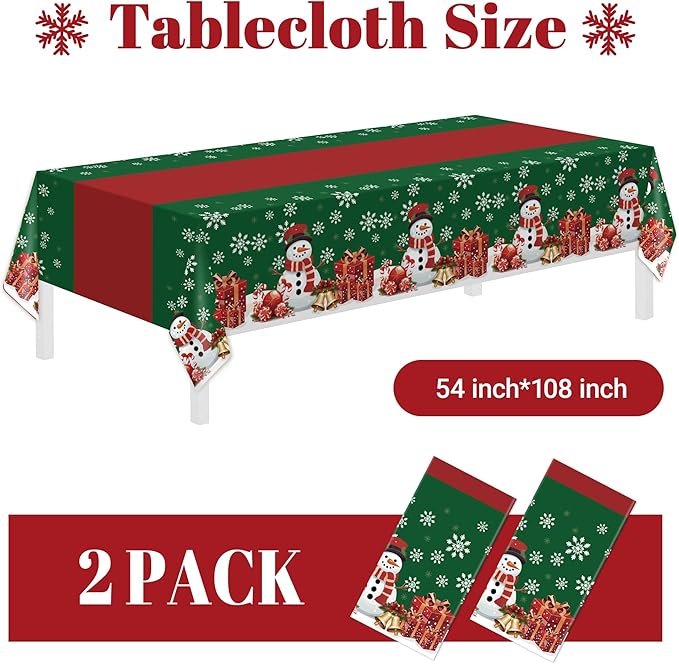 Childom 2 Pack Christmas Tablecloth,Disposable Plastic Tablecloth 54" x 108" Christmas Decorations Xmas Party Supply,Snowman Green Table Cloth,Plastic Table Cover for Indoor,Outside,Home,Dinner,Party