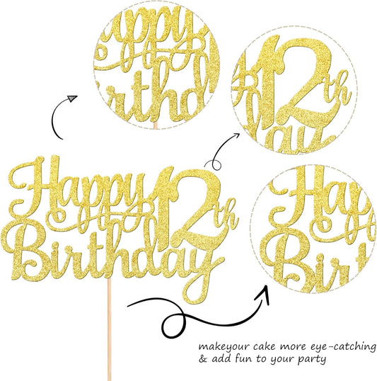 1 PCS Happy 12th Birthday Cake Topper Gold Glitter Cheers to 12 Years Birthday Cake Pick 12 Fabulous Cake Decoration for Happy 13th Birthday Theme Party Decorations Supplies
