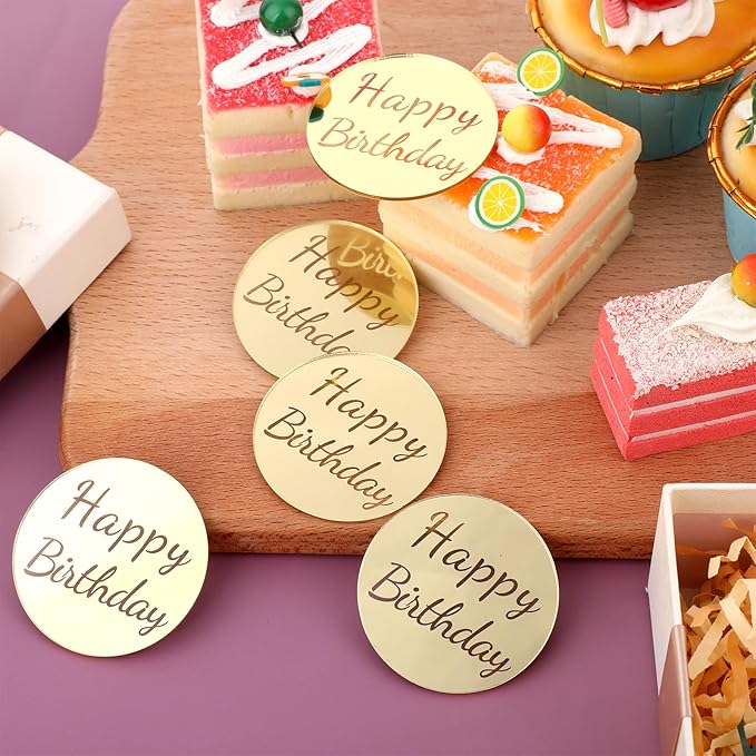 20 Pieces Happy Birthday Acrylic Cake Topper Round, Gold Disc Circle Engraved Personalized Mini Custom Mirror Set for DIY Cupcake Decoration