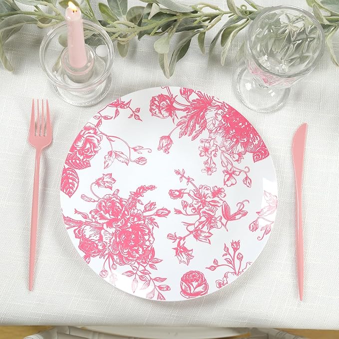 Efavormart 10-Pack French Toile Plastic Dinner Plates – Pink & White Floral, 10" Round Disposable Party Plates