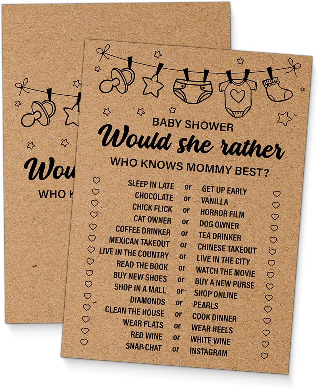 Baby Shower Games for Girl or Boy, Would She Rather Baby Shower Game, 20 Rustic Game Cards for Guests, Who Knows Mommy Best
