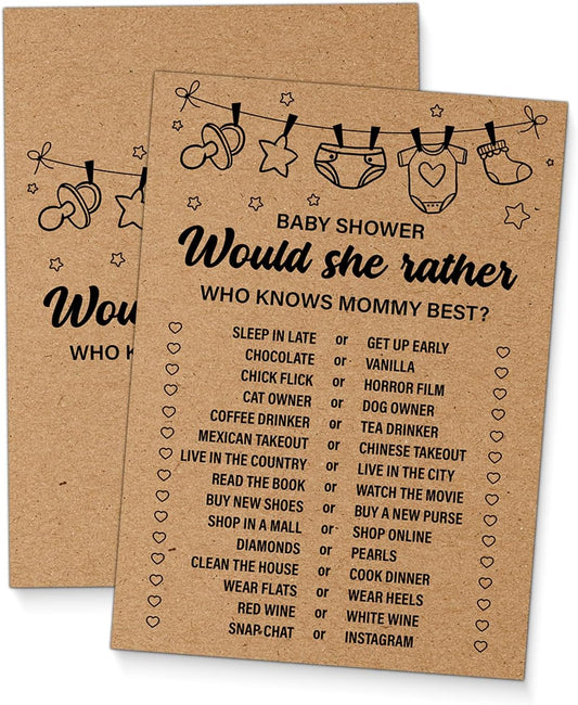 Baby Shower Games for Girl or Boy, Would She Rather Baby Shower Game, 20 Rustic Game Cards for Guests, Who Knows Mommy Best