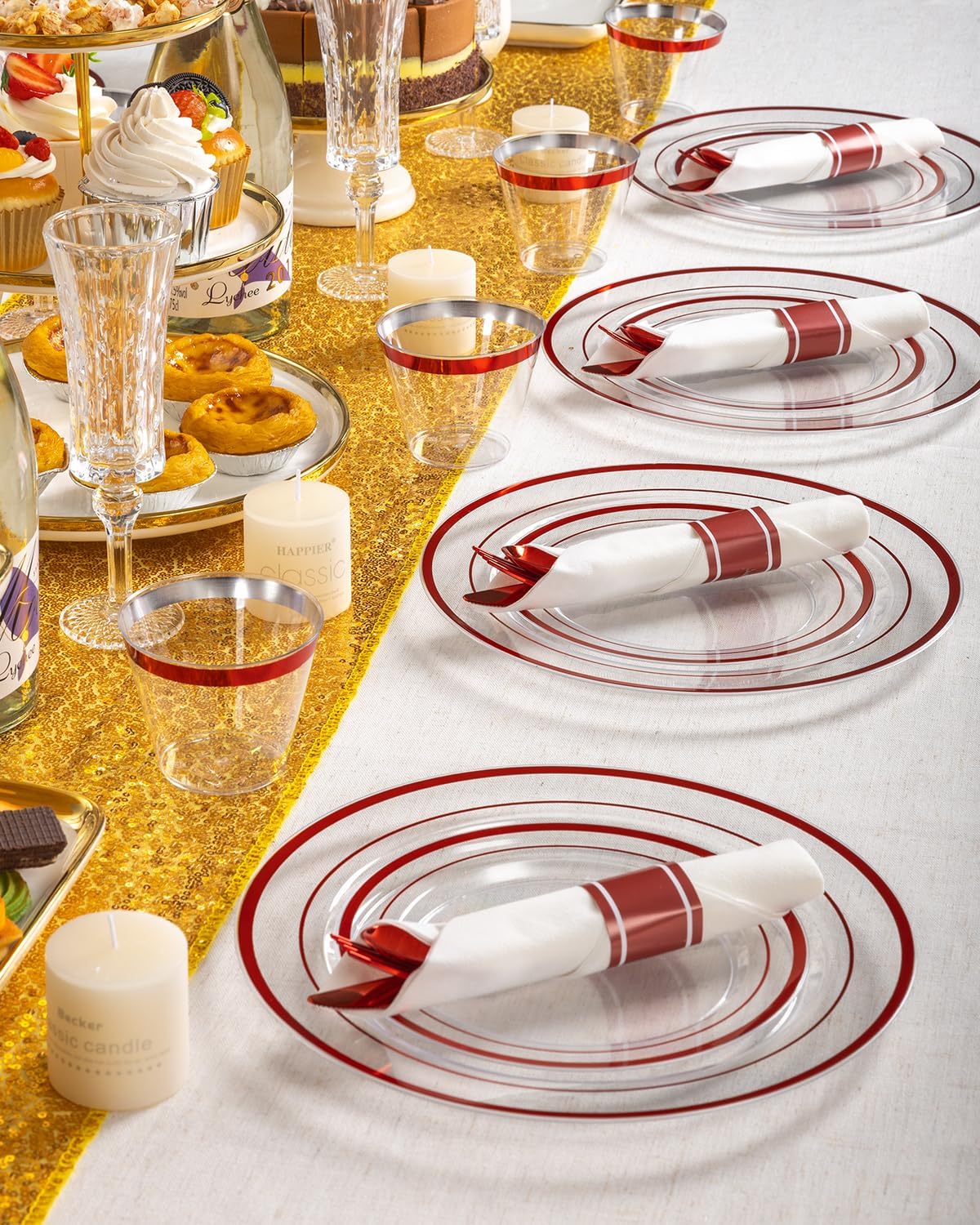 Goodluck 350 Piece Red Plastic Plates, Clear Plastic Silverware Disposable Plates Set, Include 100Plates, 50Pack Pre Rolled Napkins with Silverware, 50Cups for Party, Christmas, Graduation, Wedding