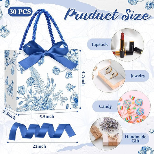 Moinchore 30 Pcs Blue and White Floral Paper Gift Bags with Ribbon Handles, 5.5 x 4.7 x 2.5 in Medium Decorative Favor Bags for Baby Shower, Bridal Party, Wedding, Birthday, Candy, Snacks and Presents