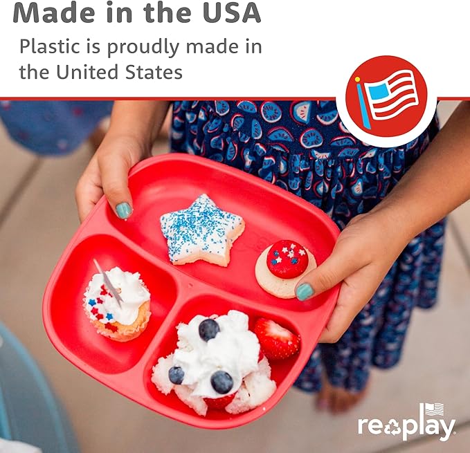 Re-Play Toddler Plates with Dividers - Deep-Walled 3 Compartments Divided Plates for Kids with 3 Lids - Dishwasher & Microwave Safe - Made in USA - Set of 3-7.37" x 7.37" x 1.25" - Mermaid