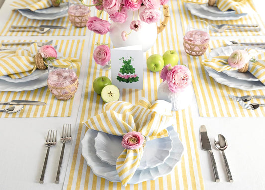 Solino Home Linen Table Runner 60 Inches - Amalfi Stripe 100% Pure Linen Primrose Yellow and White Farmhouse Table Runner 14 x 60 Inch Ideal for Dresser and Coffee Tables