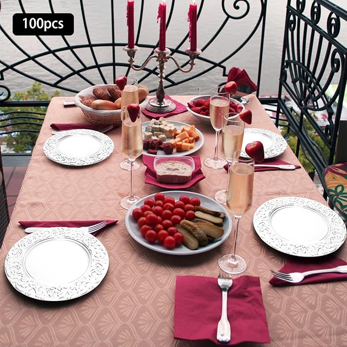 100 Pcs Silver Charger Plates Bulk, 13 In Round Charger Plates, Reusable Serving Silver Plate Chargers with Plastic Embossed Patterns for Wedding Dinner Party Event Decor