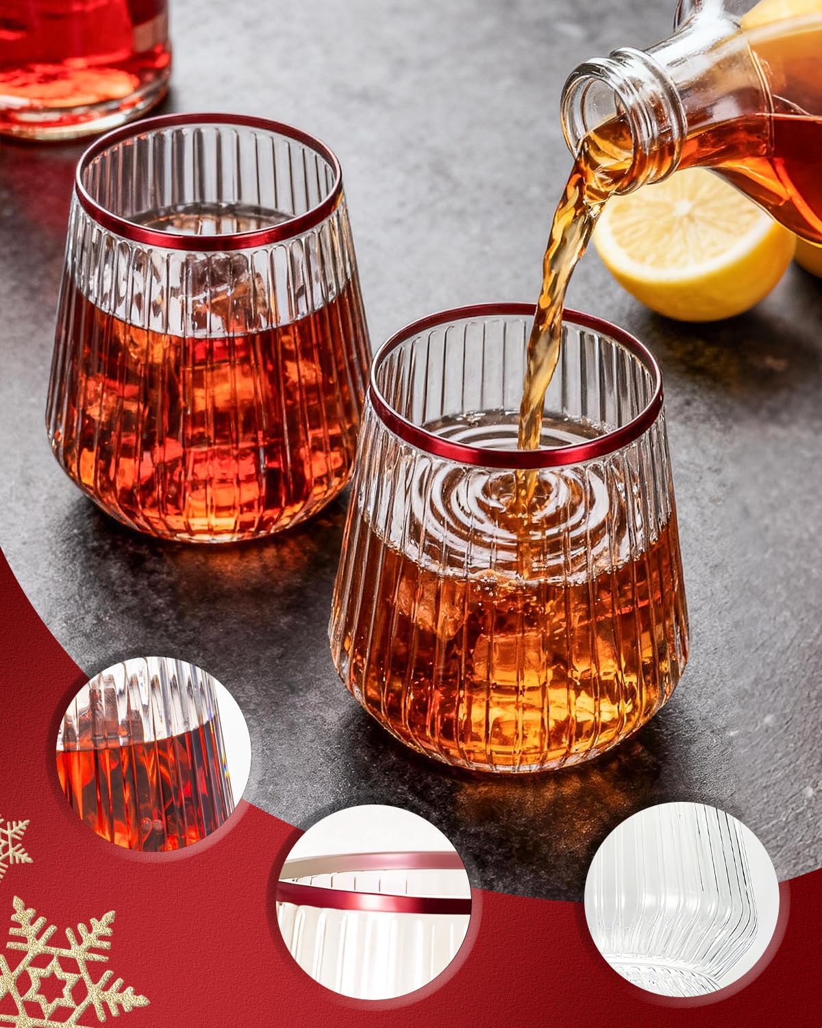 36 Pcs 12 oz Plastic Clear Red Rim Ribbed Wine Glasses, Disposable & Reusable Champagne Glasses Elegant Whiskey Glasses Ideal for Weddings, Bars, Christmas, Holidays, Pool Party, Daily Use