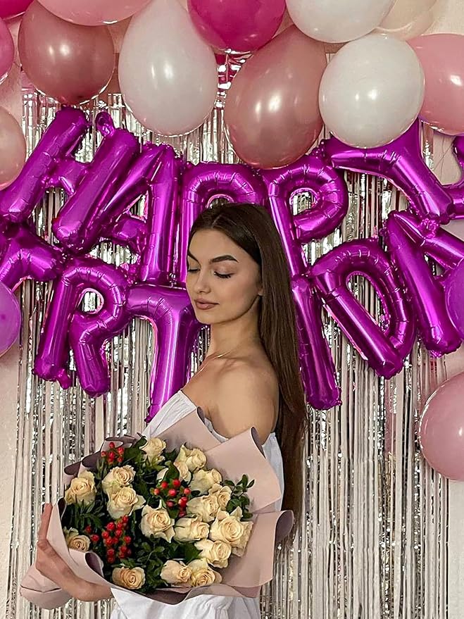[52 PCS] 16" Foil Hot Pink Letter Balloons 2 Sets of A-Z, Mylar Aluminum Hanging Alphabet for Romance Valentine's day Graduation New Year eve Birthday Party Decorations