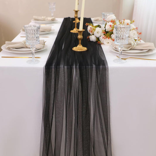 Snowkingdom Black Table Runner, 10FT Sheer Tulle Cheesecloth Gauze Runner 120 Inch, Boho Table Centerpieces Decoration for Wedding Baby Bridal Shower Birthday Halloween Holiday Party