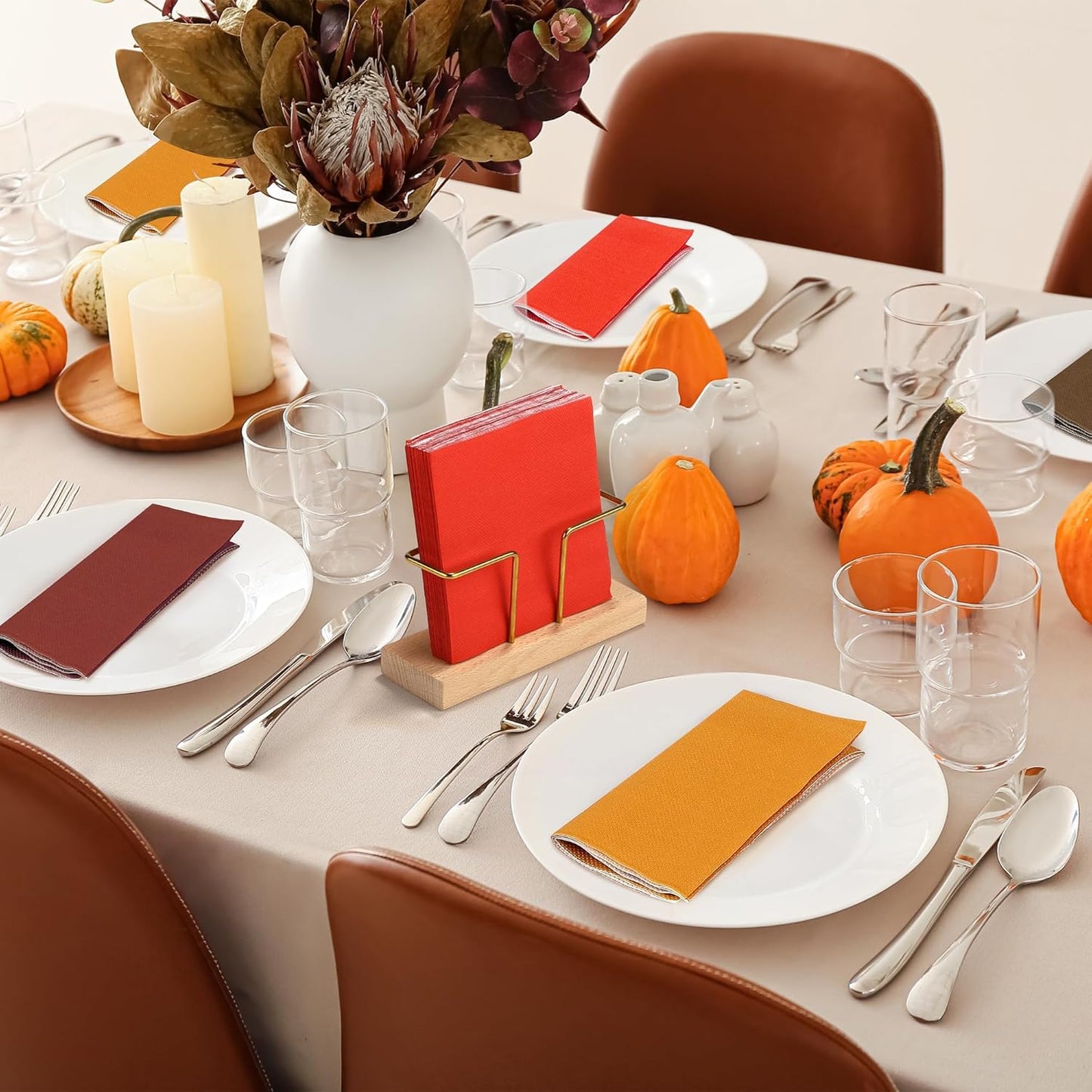 Resinta 120 Pieces Cocktail Napkin Thanksgiving Fall Paper Napkins Beverage Autumn Color Disposable Dinner Napkins Red Orange Yellow Green Luncheon Napkins for Party Favors, 4 Colors