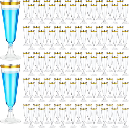 Grevosea 100 Pack Plastic Champagne Flutes, 5.5 Oz Disposable Hard Stemware with Gold Rim Clear Plastic Toasting Glasses for Wedding Graduation Party Bridal Shower Birthday