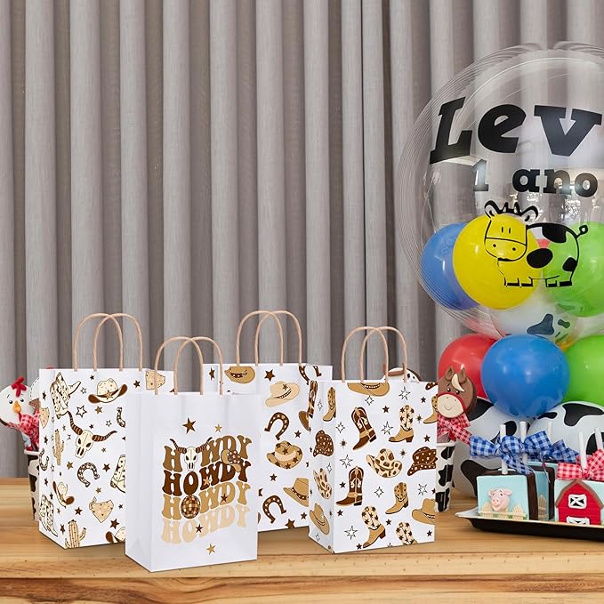 Gaillty 24 Pcs Western Cowboy Paper Bags Boot Hat Brown Cowboy Gift Bags Wild West Goodie Candy Treat Bag with Handles for Birthday Baby Shower Bachelorette Party Supplies Western Party Decorations