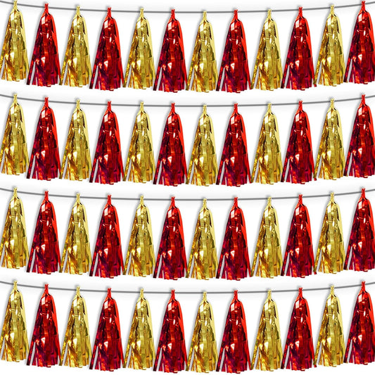4P Red Gold Tassel Banner Garland Metallic Foil Fringe Banner Tinsel Tassels Streamer Banner Backdrop for Parade Floats Graduation Halloween, Christmas, Baby Bridal Shower Party Decorations