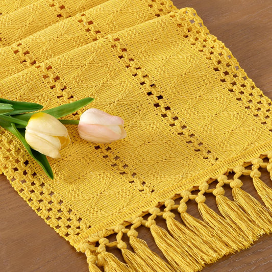 Socomi Boho Table Runner Macrame Fall Thanksgiving Farmhouse Woven Cotton Linen Rustic Coffee Table Runner with Tassels for Dresser Scarf Home Decor Dining Room 12x90 in Yellow Gold