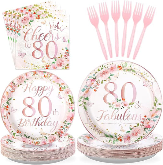 Grencian 96Pcs 80th Birthday Decorations for Women Floral 80th Birthday Party Plates and Napkins Disposable Rose Gold 80 Fabulous Tableware Set for Women 80 Years Old Party Supplies, Serves 24