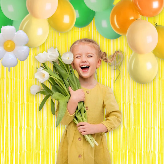 Yellow Streamers Party Backdrop - GREATRIL Foil Fringe for Pineapple/Lemon/Truck/Race Birthdays Party Decoration - 3.2ft X 8.2ft - 2 Packs