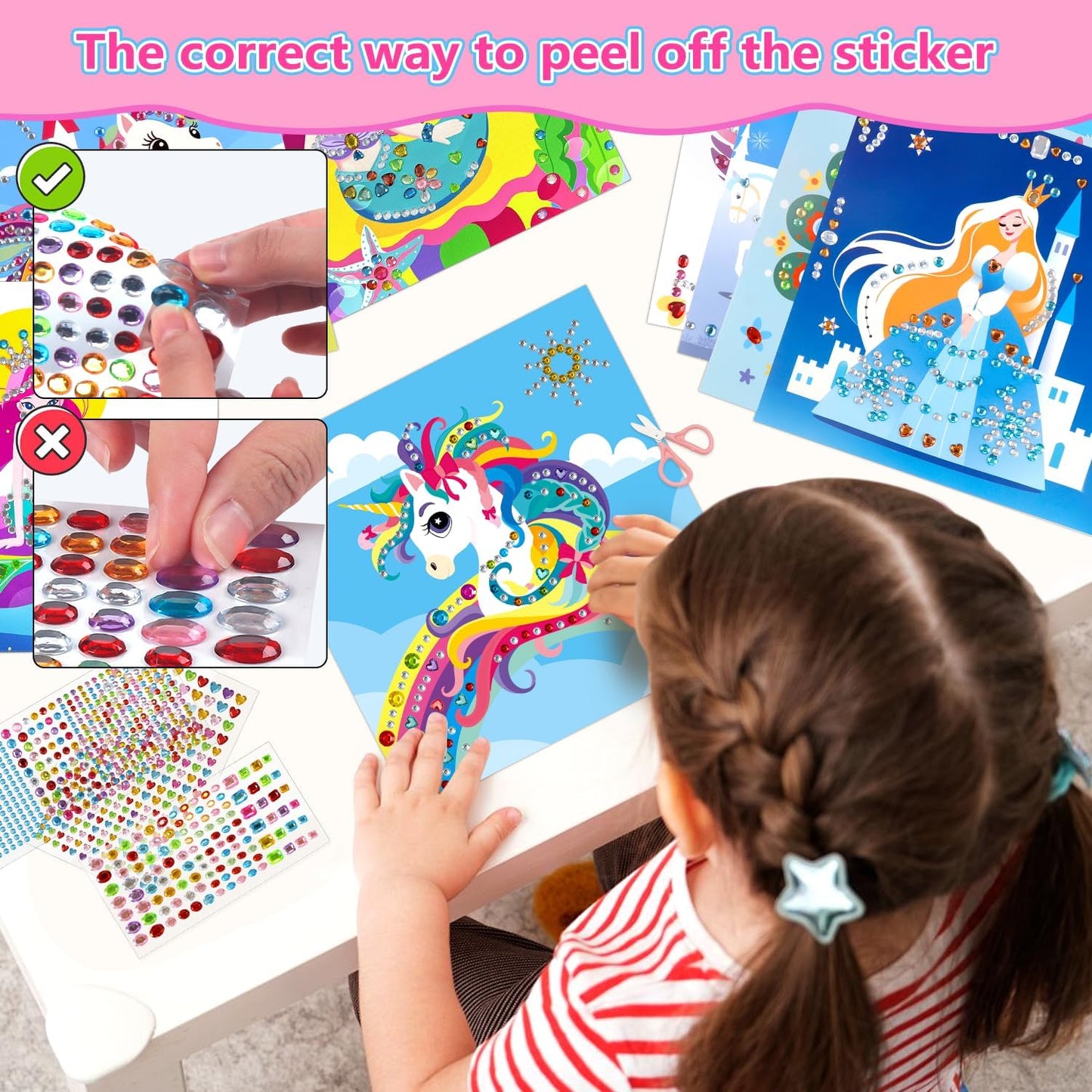 Marlrin Unicorn & Princess Diamond Art Kit for Kids Ages 3-8,Easy Arts and Crafts with 1000+ Gem Stickers,Gem Art Christmas Birthday Gift for Girls 4-7