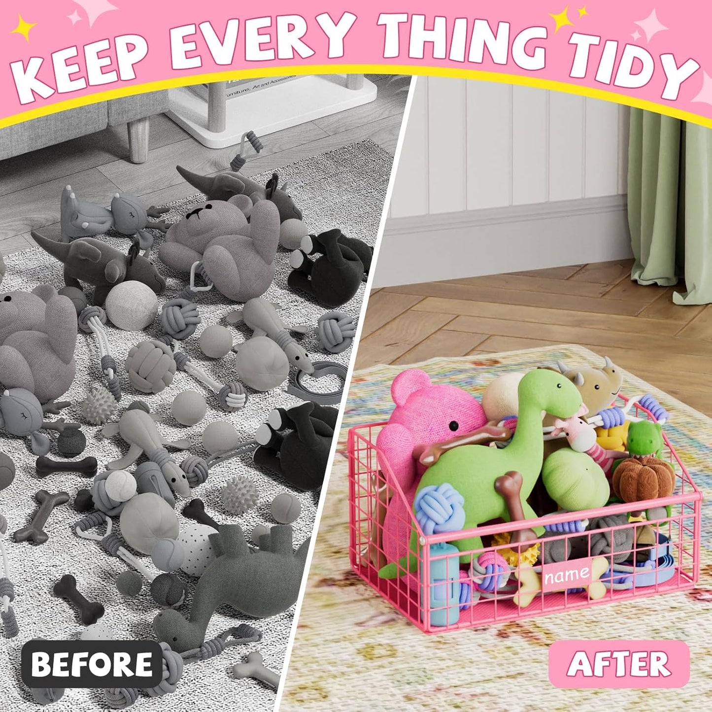 Indestructible Dog Toy basket, Small Toy Box for Dogs, Pet Toy Bin Dog Metal Basket for Toys, Toy Storage Organizer,Dog Toy Box for Living Room Area(Pink)